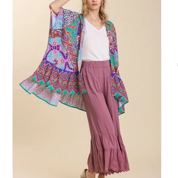Umgee Mixed Print Open Front Kimono with Back V-Neck Tie and Ruffle Hem - Picture 3 of 3